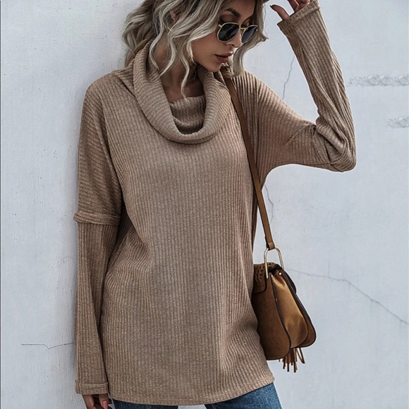 Waffle knit turtleneck sweater side split gray - Picture 3 of 6